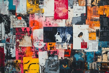 Fototapeta premium A chaotic collage of street art elements, including vivid stencils, distressed posters, and abstract graffiti on a grunge background