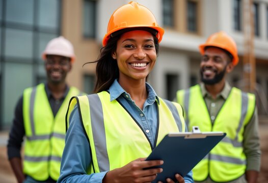 Construction project team outdoor. Black woman engineer smiles happily. Holds clipboard. Men, women work together. Site city building project. Team collaboration shown. Diversity important in