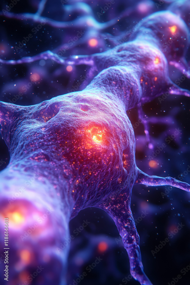 Poster microscopic view of interconnected neurons with illuminated connections, blending soft light and dee