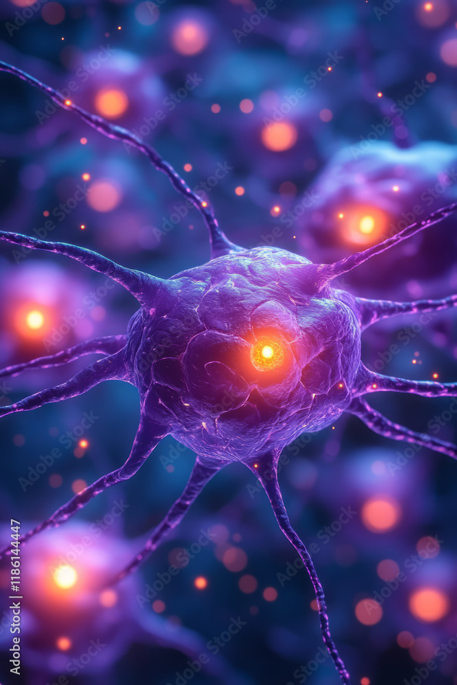 Poster microscopic view of interconnected neurons with illuminated connections, blending soft light and dee
