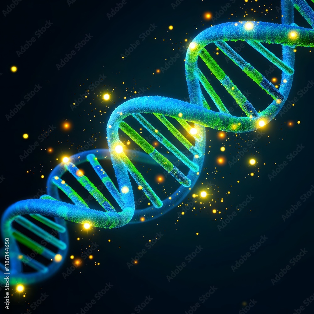 Aufkleber dynamic dna double helix strand with sparkling yellow particles science