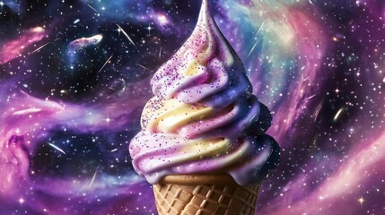 A cosmic ice cream cone with swirling galaxies and shooting stars 