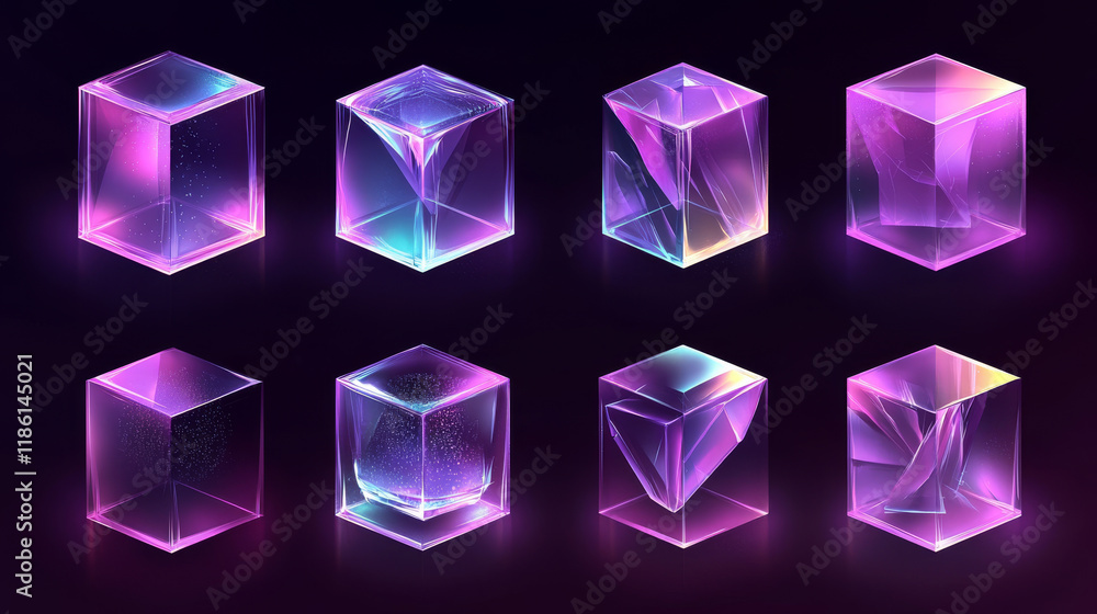 Poster 3d crystal light holographic glass cube vector isolated icon. realistic geometric translucent block 