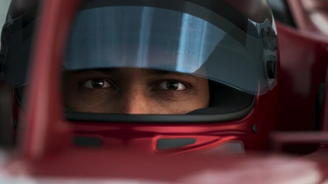 Close-up of a focused pilot driver in a red racing car, preparing for a race. Realistic 3d rendering
