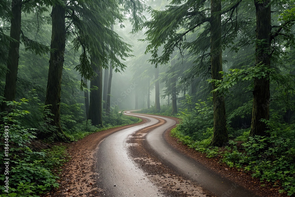 Poster a winding road through dense, green forest with tall trees and mist in the air, creating a serene an