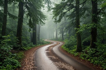 Naklejka premium A winding road through dense, green forest with tall trees and mist in the air, creating a serene and tranquil scene. Ai generative