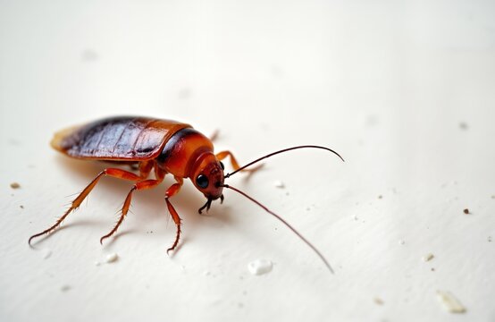 Dead cockroach on white floor. Pest control concept. Pest infestation. Dangerous insect. Household pest. Elimination of cockroaches. Health, safety. Anti-pest measures in kitchen. Harmful insects.