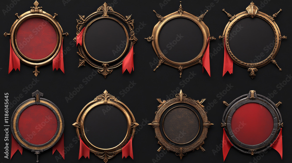 Poster luxury frames for game ranking badges. empty round avatars frames with fantasy medieval borders with
