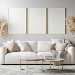 Minimalist living room with white sofa, neutral cushions, round coffee tables, pampas grass accents, and blank picture frames on wall
