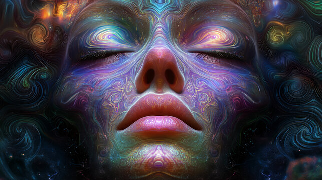 A soft psychedelic artwork depicting an extreme close-up of a face with closed eyes, surrounded by swirling patterns and vibrant colors.