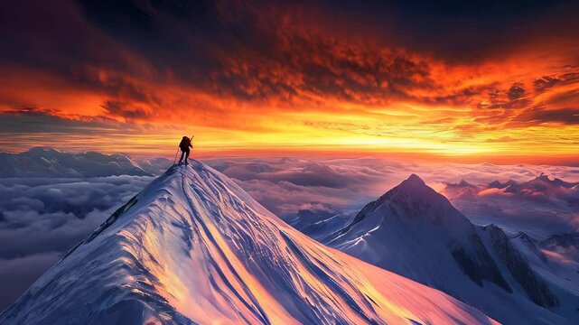 Climber stands on mountain peak during vibrant sunset above the clouds