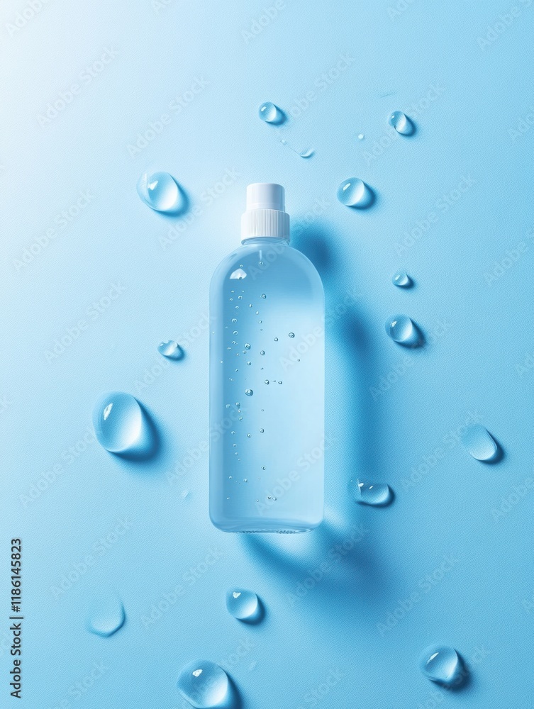 Poster droplets of sanitizer illustrate powerful bacteria elimination on a light blue surface with reflecti