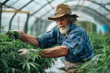 Farmer Tending Cannabis Plants in Greenhouse Environment