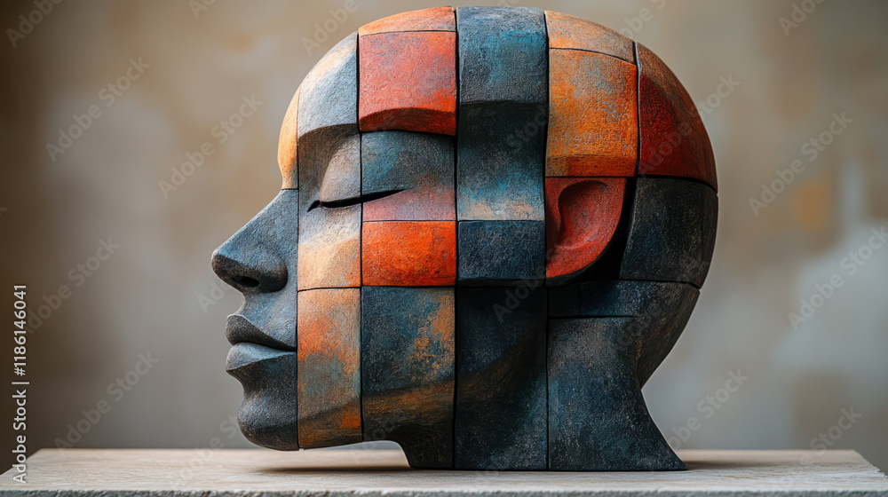 Poster cubist-inspired head sculpture built from multicolored blocks and protruding arches, set on a subdue