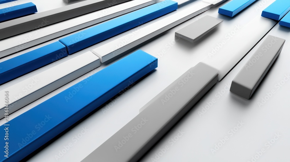 Poster abstract 3d rendering of blue and grey rectangular blocks on white background.