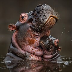 Close-up of mother hippopotamus with baby in calm water, detailed textures and warm natural lighting
