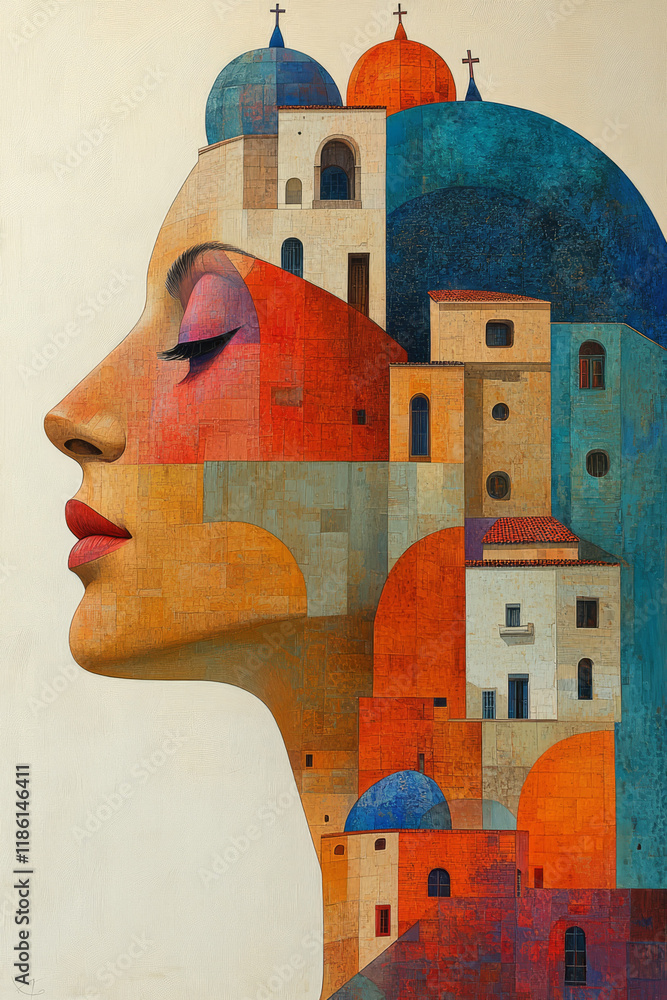 Poster smooth convex surfaces in bright hues composing a partial head, dotted with domed rooftops, set agai