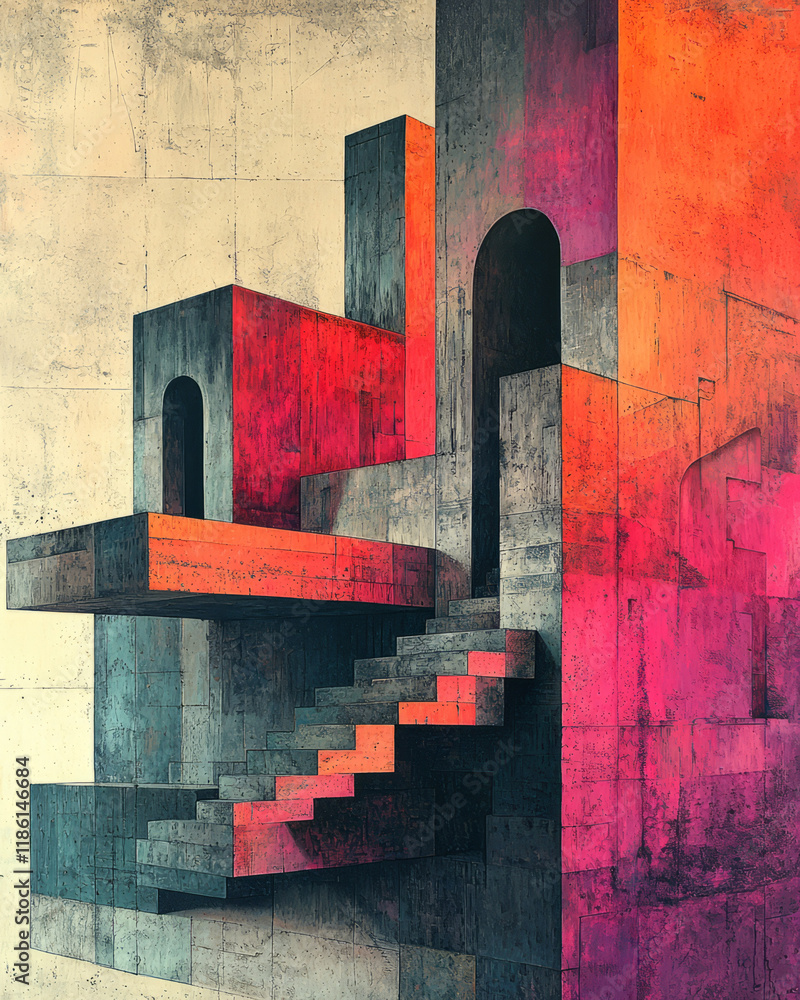 Poster boldly colored stepped blocks merging into a side-view face with embedded columns, floating on a mut
