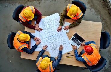 Team of engineers, architects meet at construction site. Collaborate on building blueprints. Top view of meeting. Diverse team work together to design project. Group discusses project details. Team