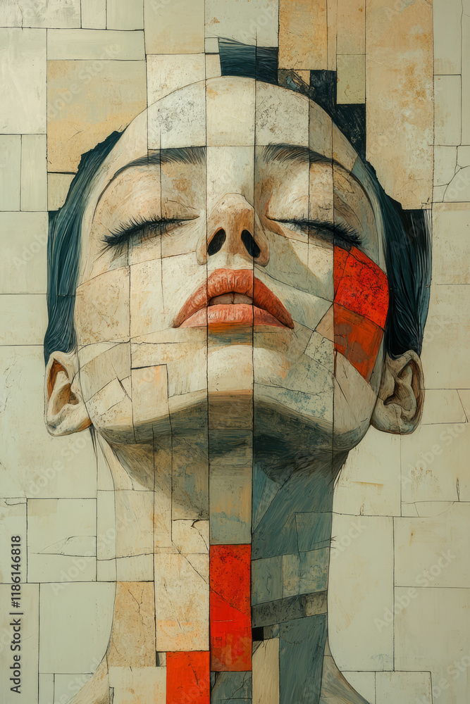 Poster fragmented head with triangular planes in a wide color palette, integrated with tall pillars reminis