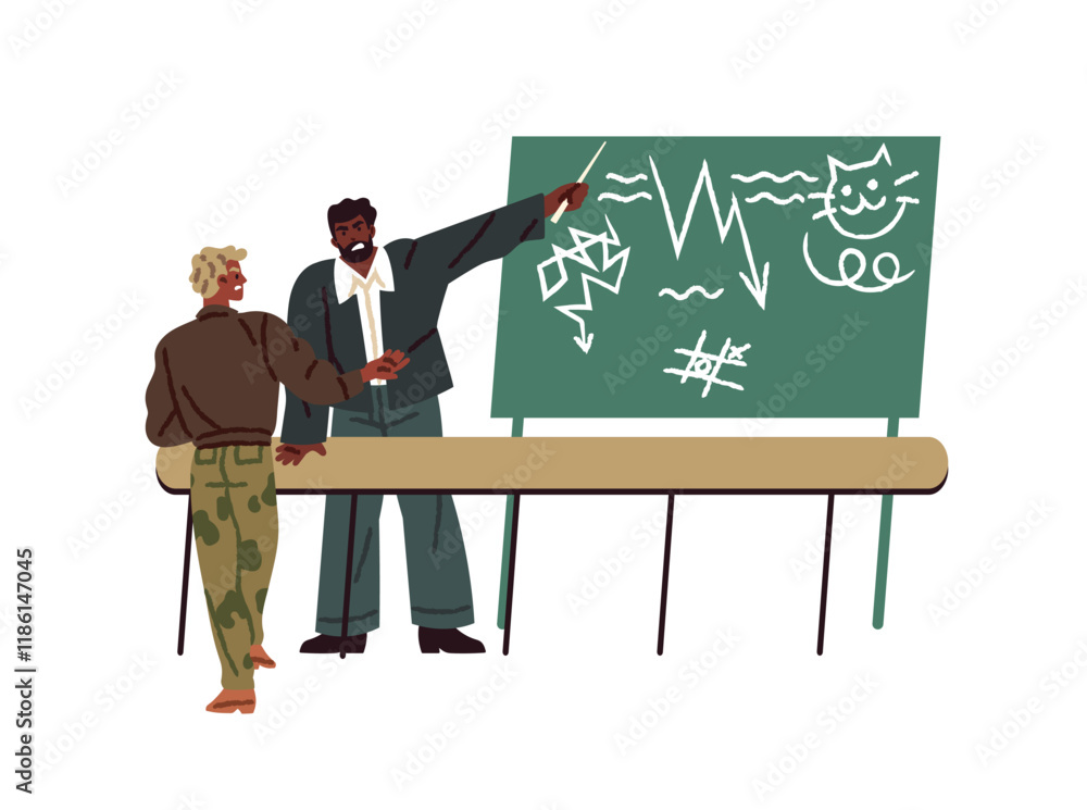 Poster angry employee arguments, explains near blackboard. colleagues with toxic communication. problems of