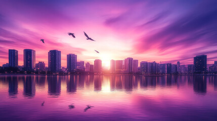 Fototapeta premium Sunset city skyline architecture near waterfront, modern megapolis with buildings skyscrapers reflecting in water surface under cloudy purple and pink sky with birds. Cartoon vector illustration