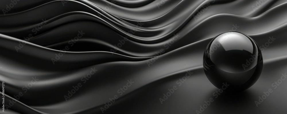 Aufkleber abstract sphere, black waves, minimalistic design, d rendering of a smooth sphere on flowing surface