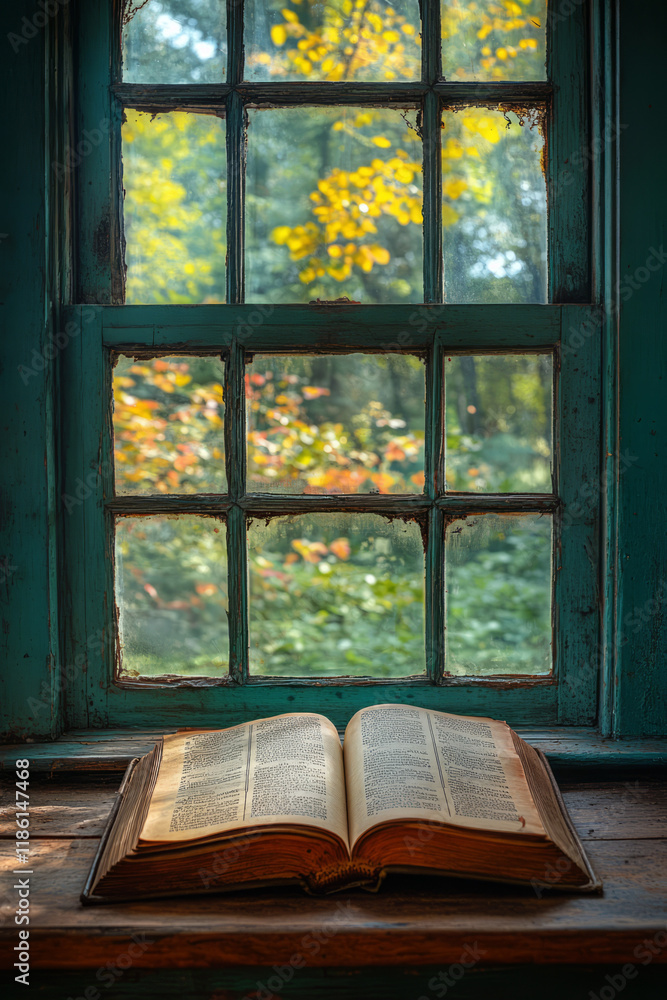 Poster an old hardcover book lying open on a farmhouse-style table, behind it colorful window panes diffuse