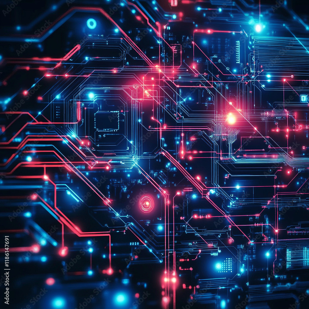 Poster colorful abstract circuit board design with glowing elements representing technology