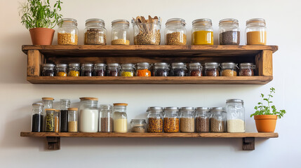 Wooden wall rack for kitchen design with jars on top of it.Wall rack vector illustration isolated on white background