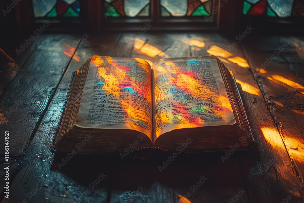 Poster minimal overhead shot of an open paperback on a timber surface, hazy stained-glass shapes floating b