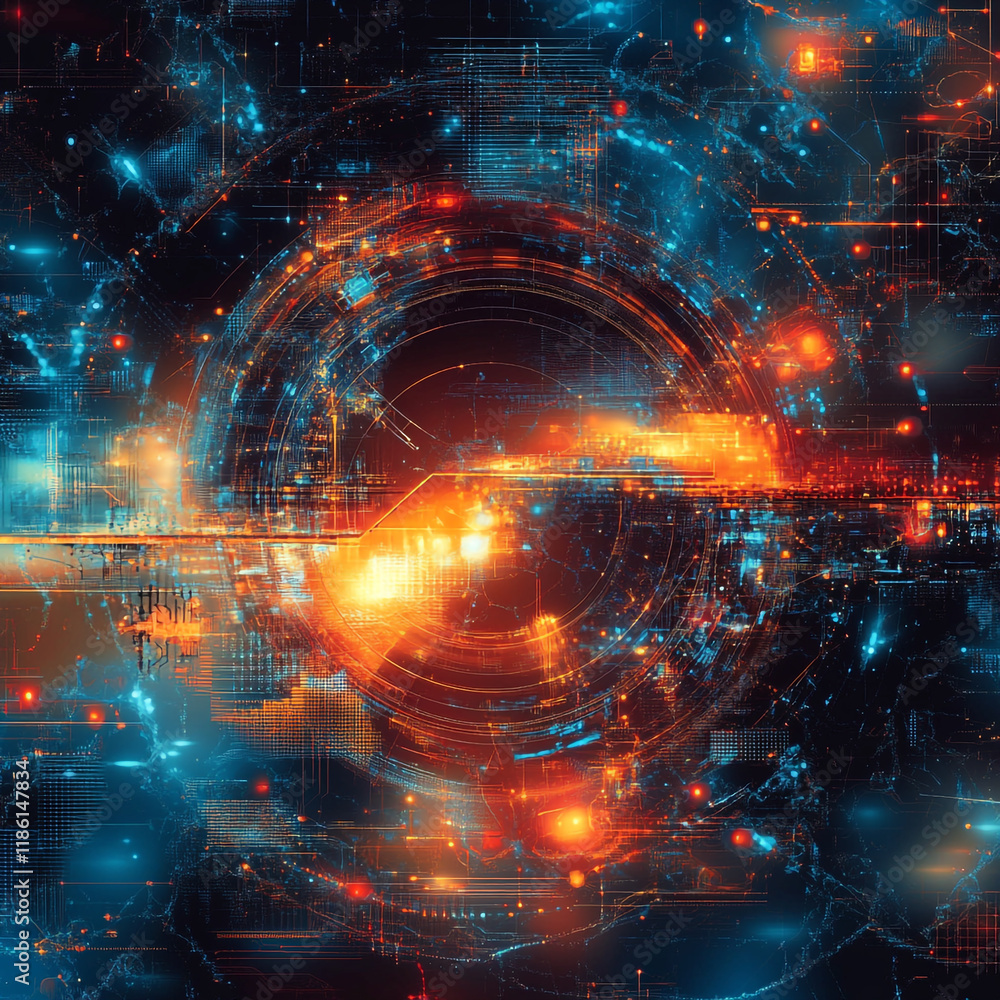 Poster visual representation of a futuristic digital landscape with vibrant energy and light patterns