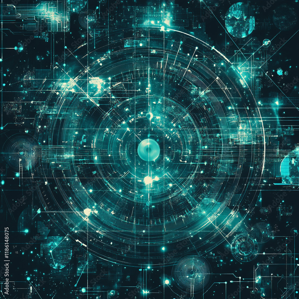 Poster Abstract digital design featuring glowing circular patterns and data visualization elements