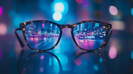 Night city lights reflected in eyeglasses on a dark surface.