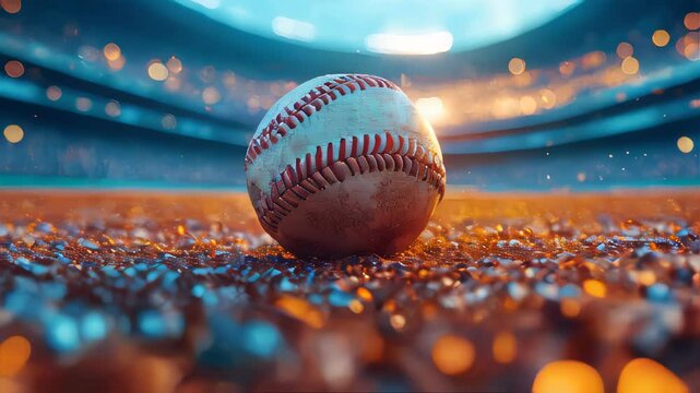 A weathered baseball resting on the field, illuminated under stadium lights, with bokeh and glowing particles in the background