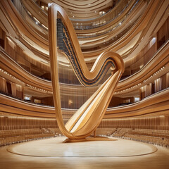 Grand harp in a wood-paneled concert hall.