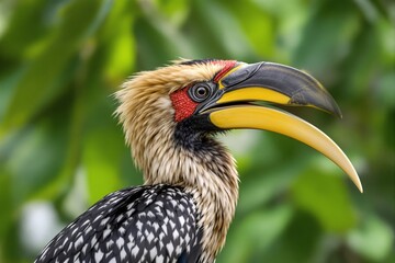Close-up of a hornbill bird with a vivid yellow beak, red facial markings, and patterned feathers on a blurred green background. Wildlife concept. Ai generative