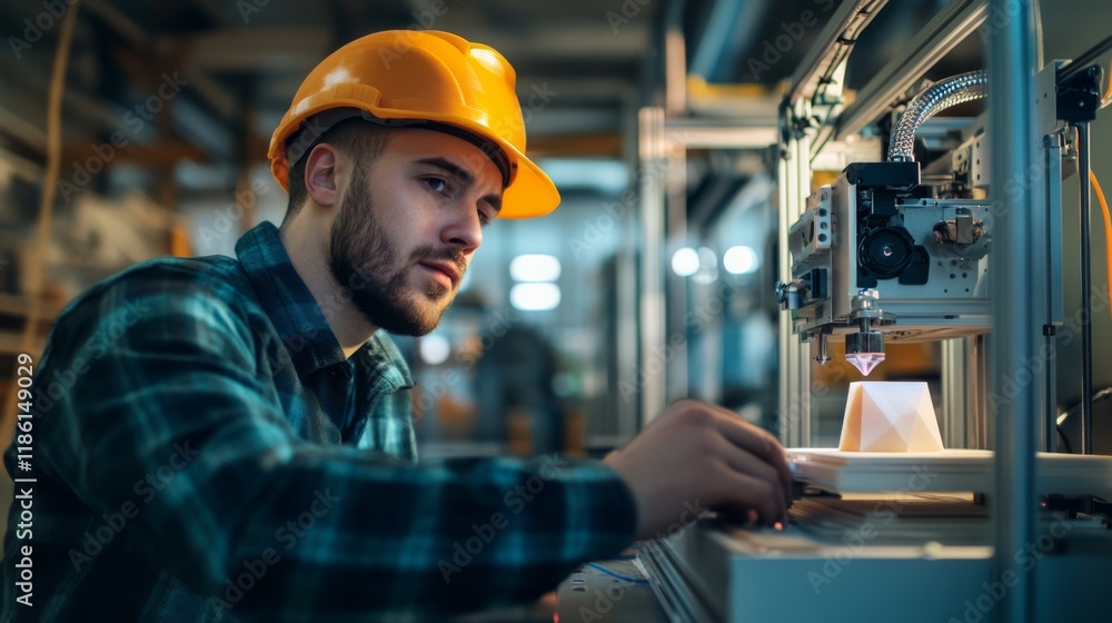 Poster man operating 3d printer in construction environment
