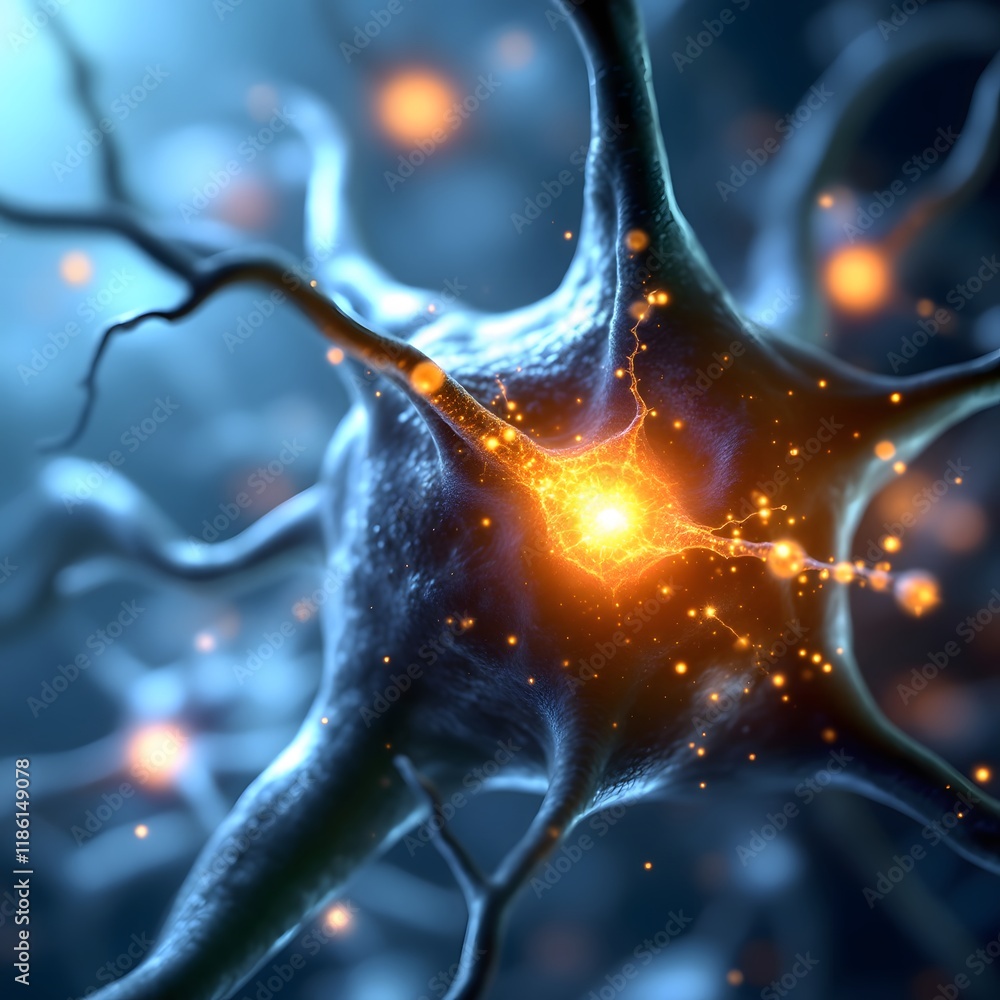 Poster neural network synapse activity in dark blue sci-fi microscopic view
