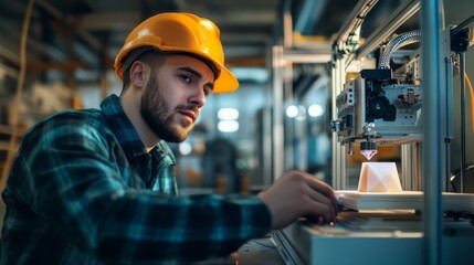 Man Operating 3D Printer in Construction Environment