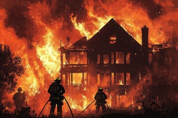 Fototapeta premium illustration silhouette of firefighters fighting fire in a large mansion on fire 