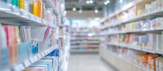 Blurred interior of a brightly lit store aisle with shelves stocked with various products.