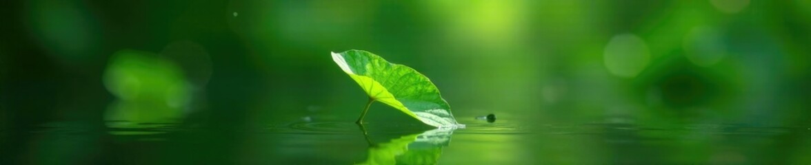 Fototapeta premium A delicate green leaf suspended in the air above a pond, nature, green