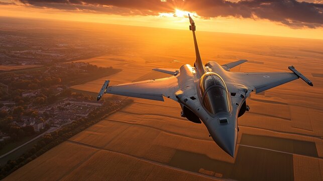 Dassault Rafale Fighter Jet at Sunset Over Rural Landscape