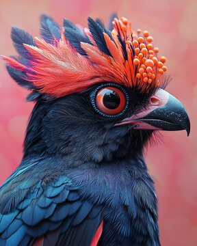 Majestic harpy-like bird with dayglo plumage and swirling orbs of paint, standing out against a sizzling pink realm,