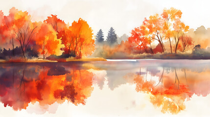 Autumn Serenity: A Vibrant Watercolor Landscape with Colorful Fall Foliage, Reflecting in Calm Waters, Surrounded by Scenic Trees in Warm Reds, Oranges, and Yellows