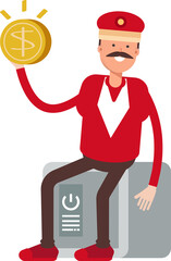 Train Operator Character Sitting on Safe and Holding Dollar Coin
