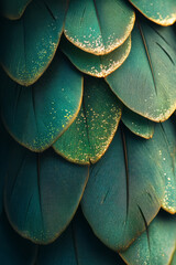 Obraz premium Extremely detailed macro capture of a turquoise-green feather ridge, glimmering under diffused light on a neutral backdrop,