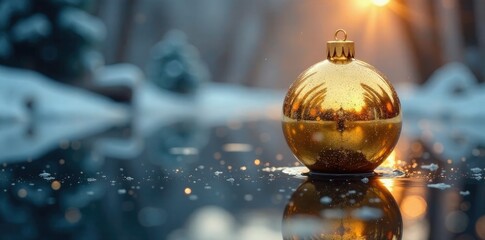 A shiny gold Christmas sphere reflected in a frozen pond's surface, ripples, festive, trees
