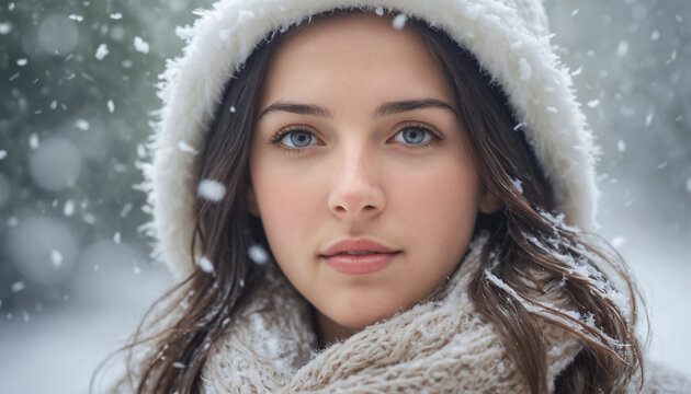 Portrait visage femme bonnet No&euml;l neige, ambiance sereine et atmosph&egrave;re f&eacute;erique.